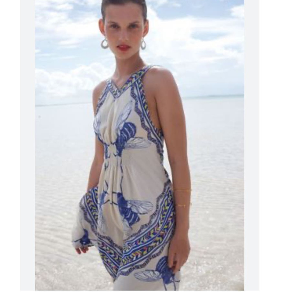 Leifnotes Anthropologie Ivory Blue Bombus Bumble Bee Sleeveless Sun Dress Size 2